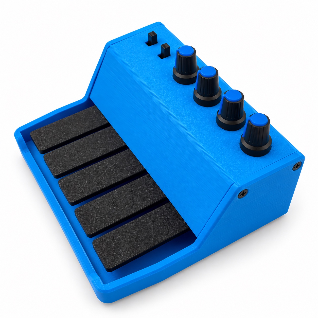 Blue Teletype MIDI controller with five keys and four knobs